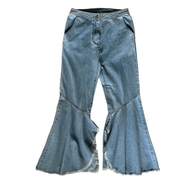 HONEYBUM Woman’s Raw Flare Hem High Rise Light Wash Jeans Size Large - Picture 1 of 12